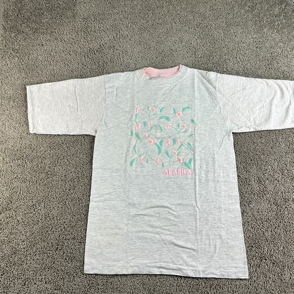 VINTAGE 90s Alaska Shirt Mens Large Gray Pink Layered Single Stitch Puffy Print - Picture 1 of 11